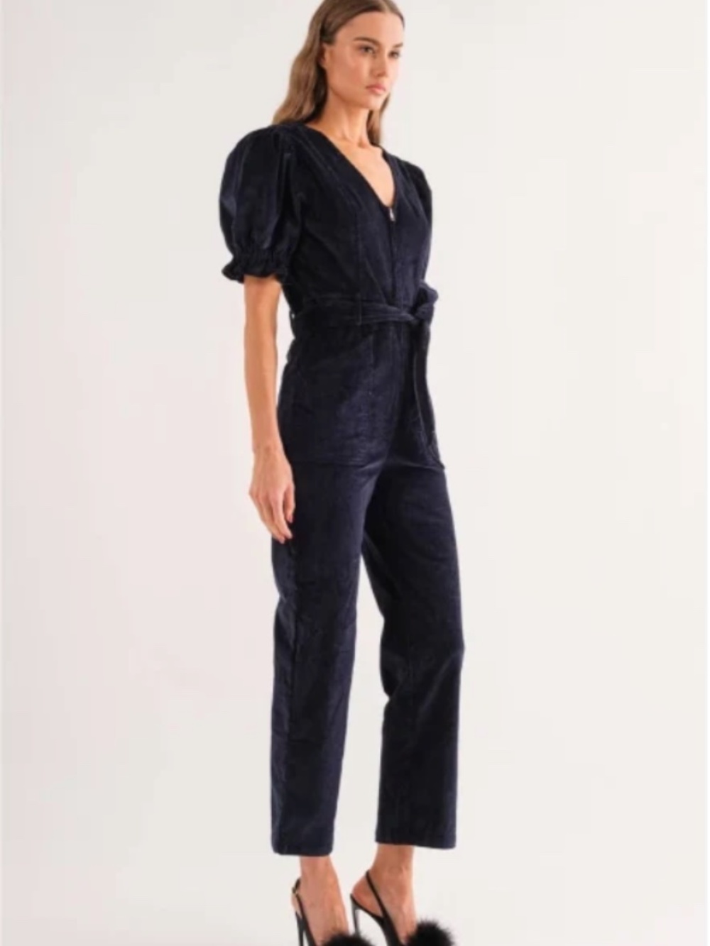Sofie the Label Navy Blue Corduroy Jumpsuit Size Medium Puff Sleeve (P)
